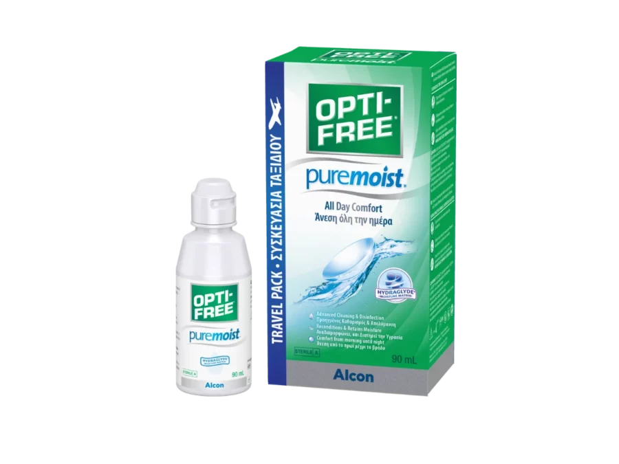 Opti-Free Puremoist contact lens solution bottle and box